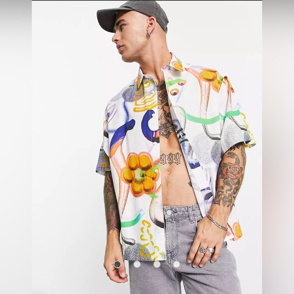 ASOS Design Men’s Short Sleeve Button Down Shirt Size M Boxy Cut 90s/80s Style - Picture 3 of 11